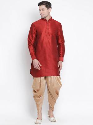 Maroon Plain Silk Blend Dhoti-Kurta 1