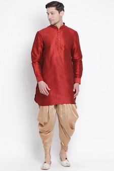 Maroon Plain Silk Blend Dhoti-Kurta