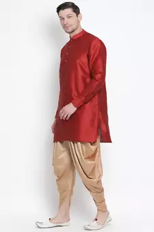 Maroon Plain Silk Blend Dhoti-Kurta