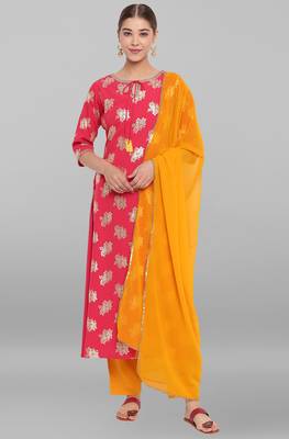 Women's Pink Poly Crepe Kurta With Pant And Dupatta 1