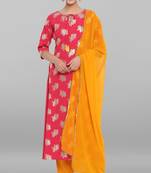 Women's Pink Poly Crepe Kurta With Pant And Dupatta