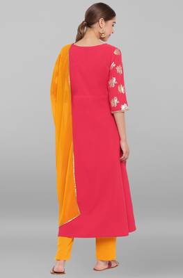 Women's Pink Poly Crepe Kurta With Pant And Dupatta 2