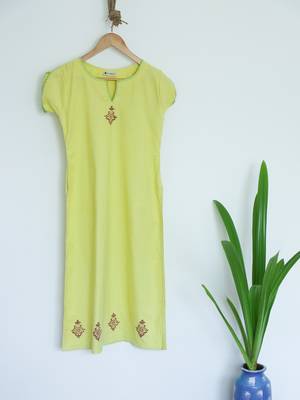 Lemon Green Khadi A-line with Cutout neck and thread work Kurti with Block prints 1
