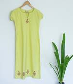 Lemon Green Khadi A-line with Cutout neck and thread work Kurti with Block prints