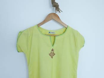 Lemon Green Khadi A-line with Cutout neck and thread work Kurti with Block prints 2