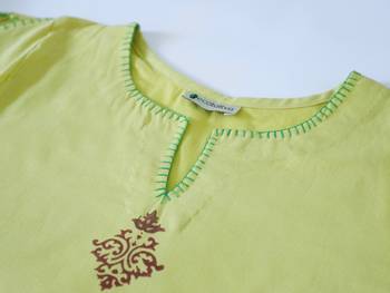 Lemon Green Khadi A-line with Cutout neck and thread work Kurti with Block prints 3