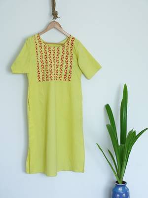 Lemon Yellow Round Neck with Sleeves Till Elbows Premium Khadi Kurta 1