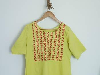 Lemon Yellow Round Neck with Sleeves Till Elbows Premium Khadi Kurta 2