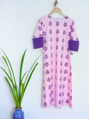 Purple Kurti With Hand Block Print Design and Sleeves Dori 1