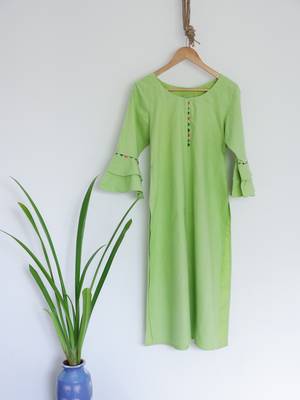 Round neck Parrot Green Ladies kurta With Bell Sleeves 1