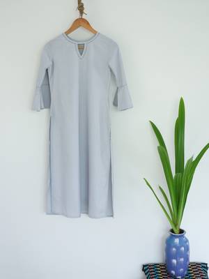 Solid Grey Kurti with cutout neck and thread work on Bell Sleeves 1