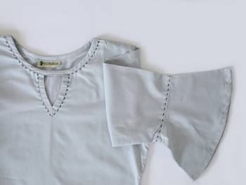 Solid Grey Kurti with cutout neck and thread work on Bell Sleeves 2