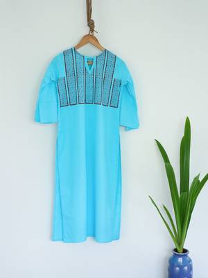 Turquoise Blue Color With Hand Block Print Design Kurta with Cutout neck 1