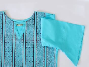 Turquoise Blue Color With Hand Block Print Design Kurta with Cutout neck 2