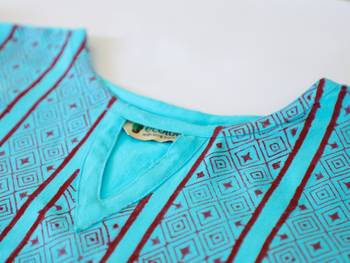 Turquoise Blue Color With Hand Block Print Design Kurta with Cutout neck 4