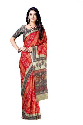 Orange printed silk blend saree with blouse 1
