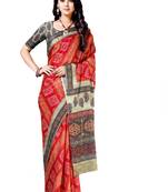 Orange printed silk blend saree with blouse
