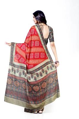 Orange printed silk blend saree with blouse 2