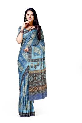 Blue printed silk blend saree with blouse 1