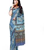 Blue printed silk blend saree with blouse
