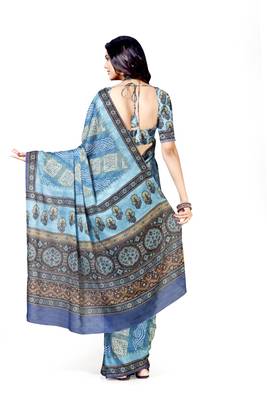 Blue printed silk blend saree with blouse 2