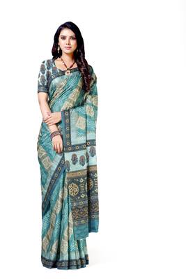 Green printed silk blend saree with blouse 1