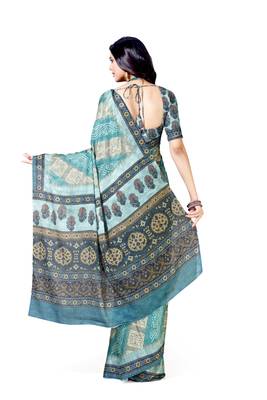 Green printed silk blend saree with blouse 2