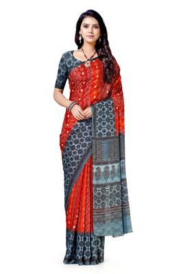 Red printed silk blend saree with blouse 1