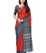 Red printed silk blend saree with blouse
