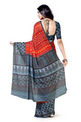 Red printed silk blend saree with blouse 2
