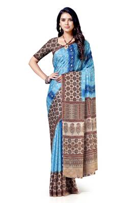 Blue printed silk blend saree with blouse 1