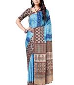 Blue printed silk blend saree with blouse