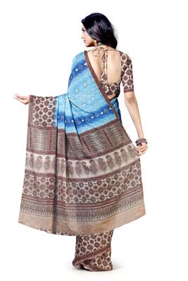Blue printed silk blend saree with blouse 2