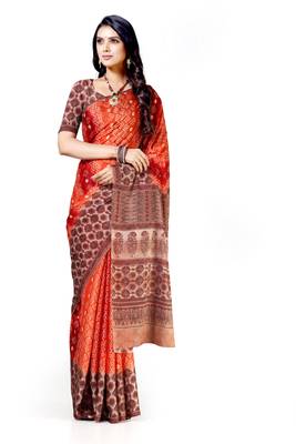 Red printed silk blend saree with blouse 1