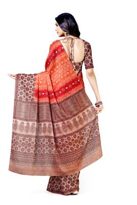 Red printed silk blend saree with blouse 2