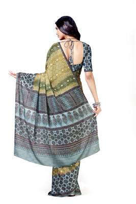 Mehendi printed silk blend saree with blouse 2