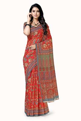 Red woven chanderi saree with blouse 1