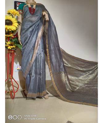 grey Silk Linen Saree 1