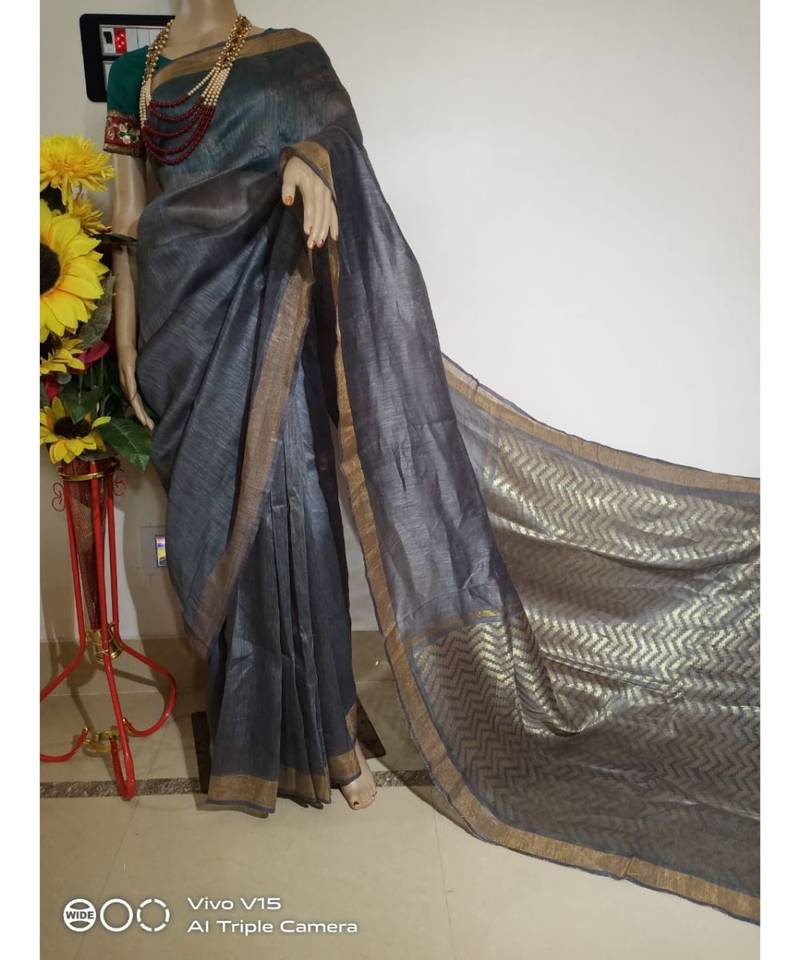 grey Silk Linen Saree