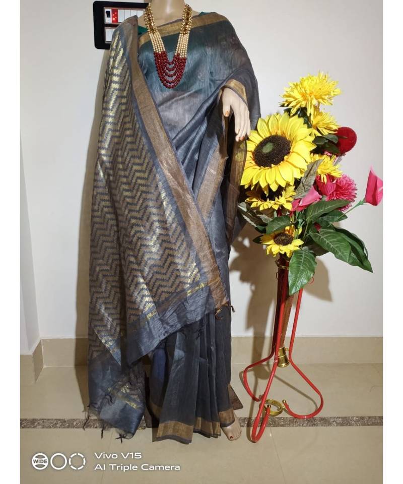grey Silk Linen Saree