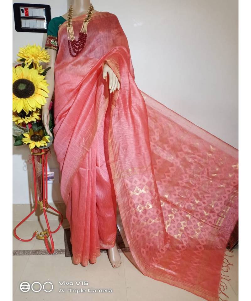 pink Silk Linen Saree