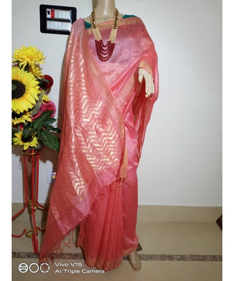 pink Silk Linen Saree