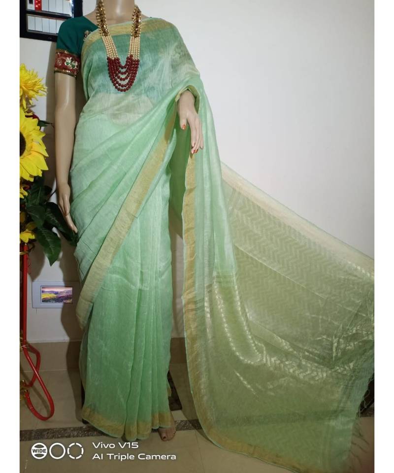 green Silk Linen Saree
