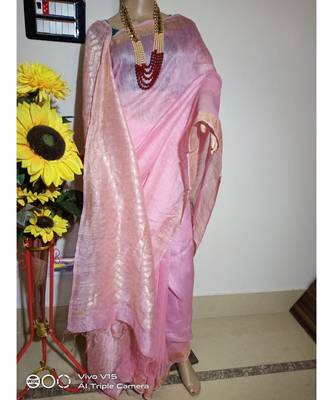 pink Silk Linen Saree 1
