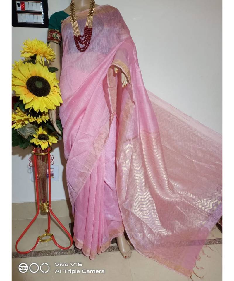 pink Silk Linen Saree