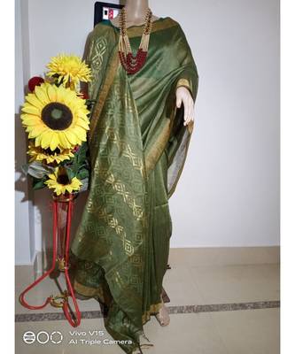 green Silk Linen Saree 1