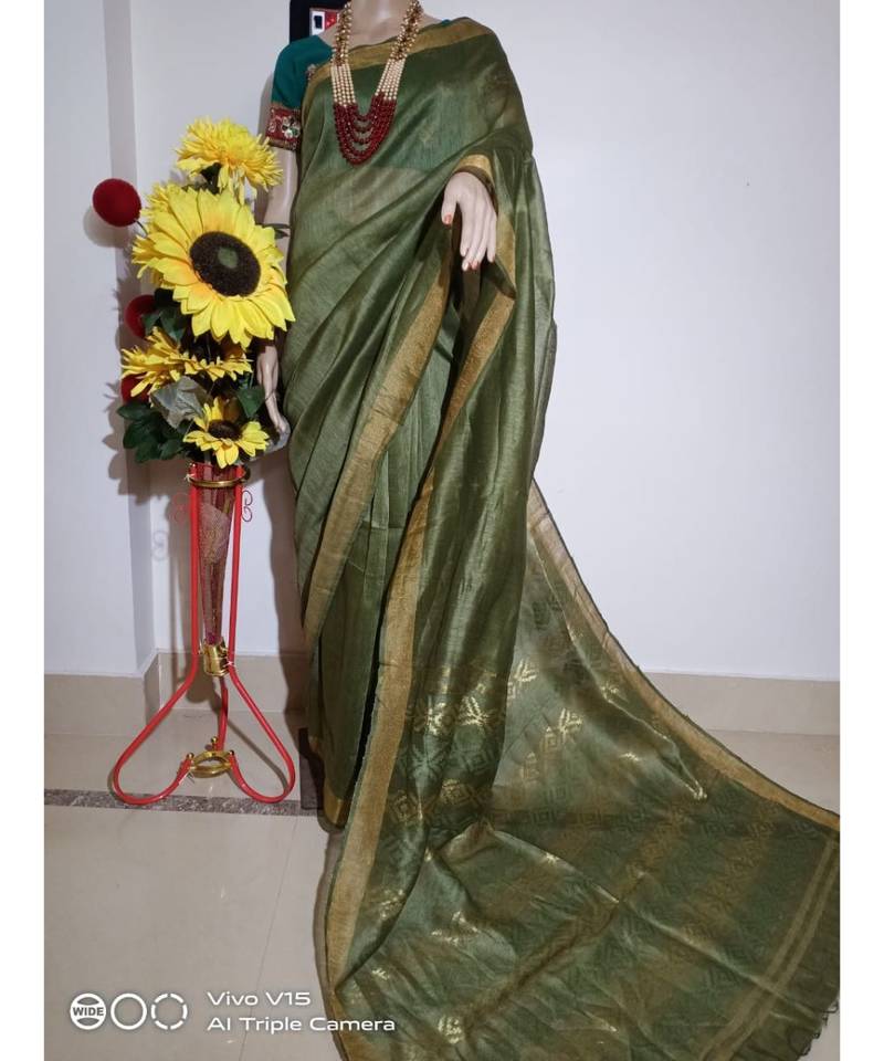 green Silk Linen Saree