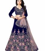 Blue Colored Designer Partywear Embroidered Work Velvet Material Lehenga Choli