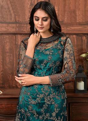 Dark Teal Net Pakistani Salwar Kameez 2