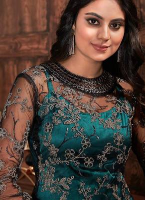 Dark Teal Net Pakistani Salwar Kameez 3